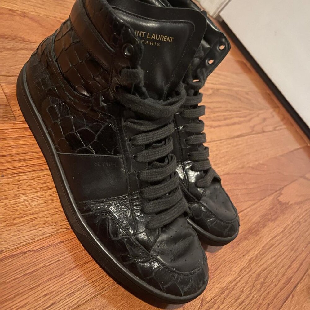 Men’s Saint Laurent Paris   Black Croc-Embossed  Leather High Top Sneakers
